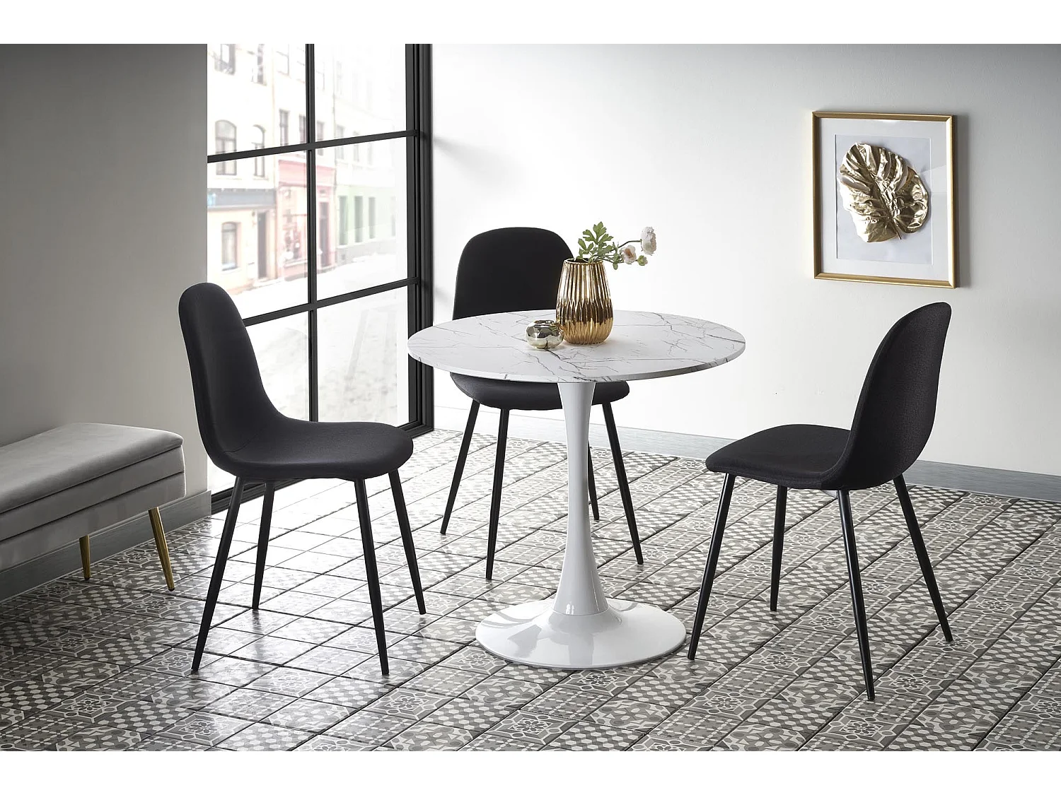 Table ronde effet marbre avec piètement en acier blanc Ø80x73 cm