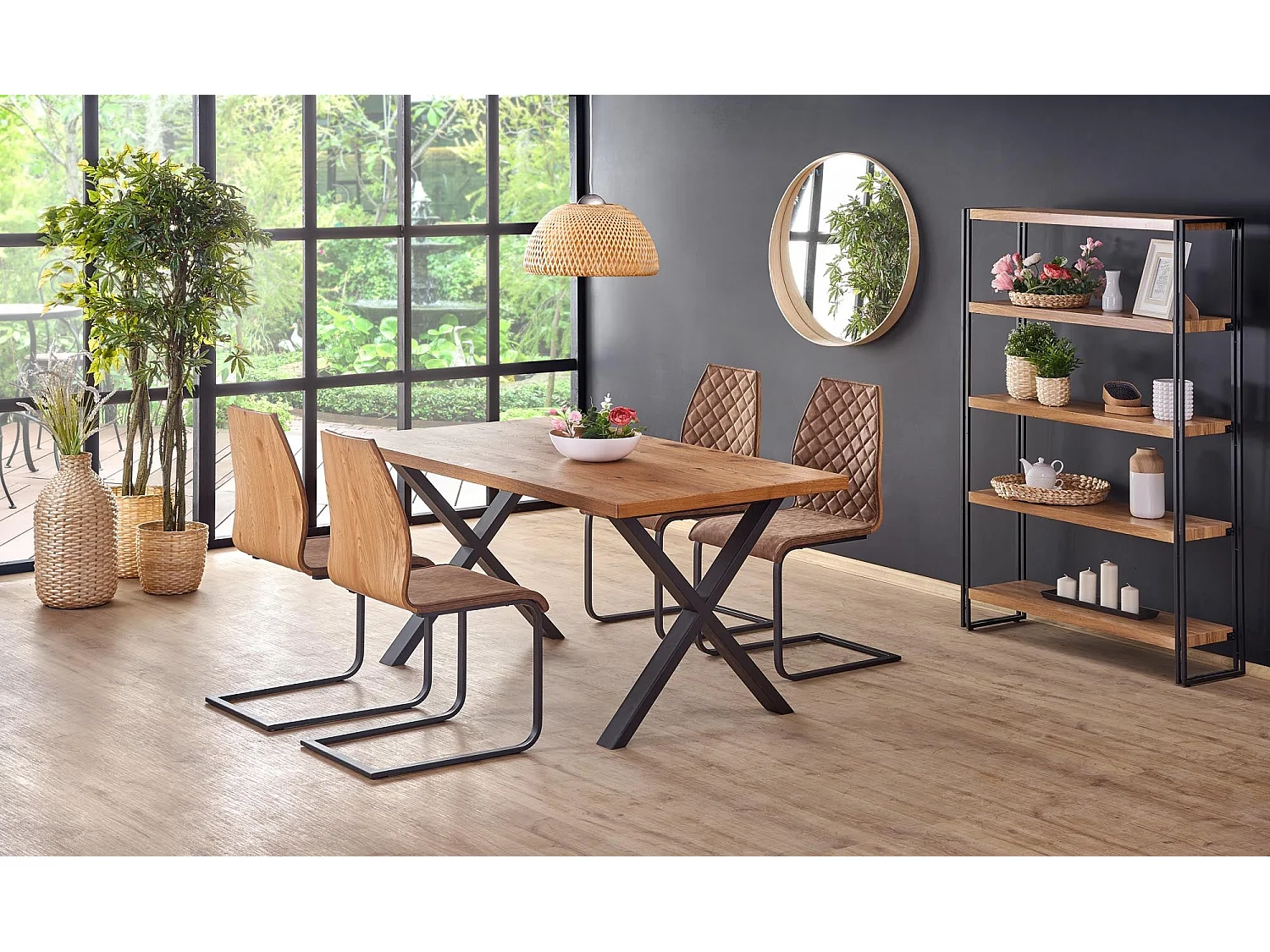 Table extensible placage chêne pieds acier noir 160/250×90 cm