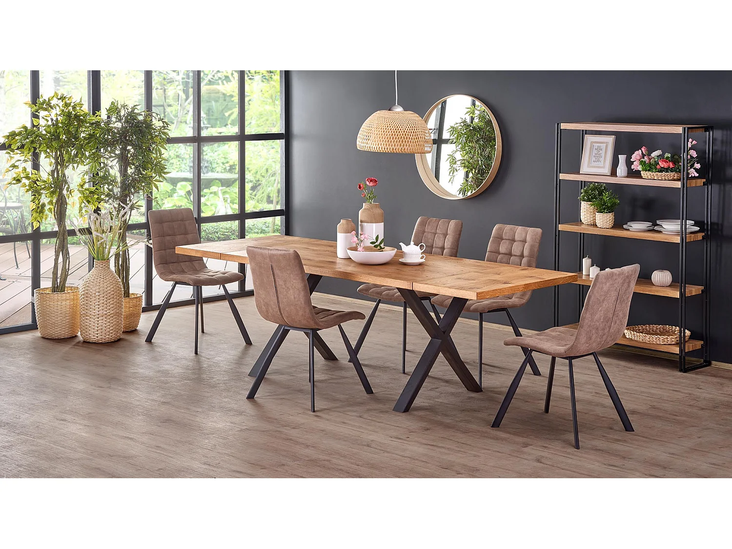 Table extensible placage chêne pieds acier noir 160/250×90 cm