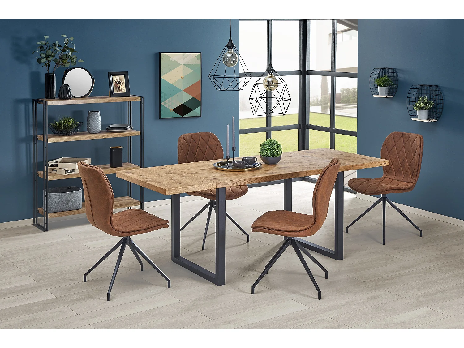 Table extensible placage chêne pieds acier noir 126/206×80 cm