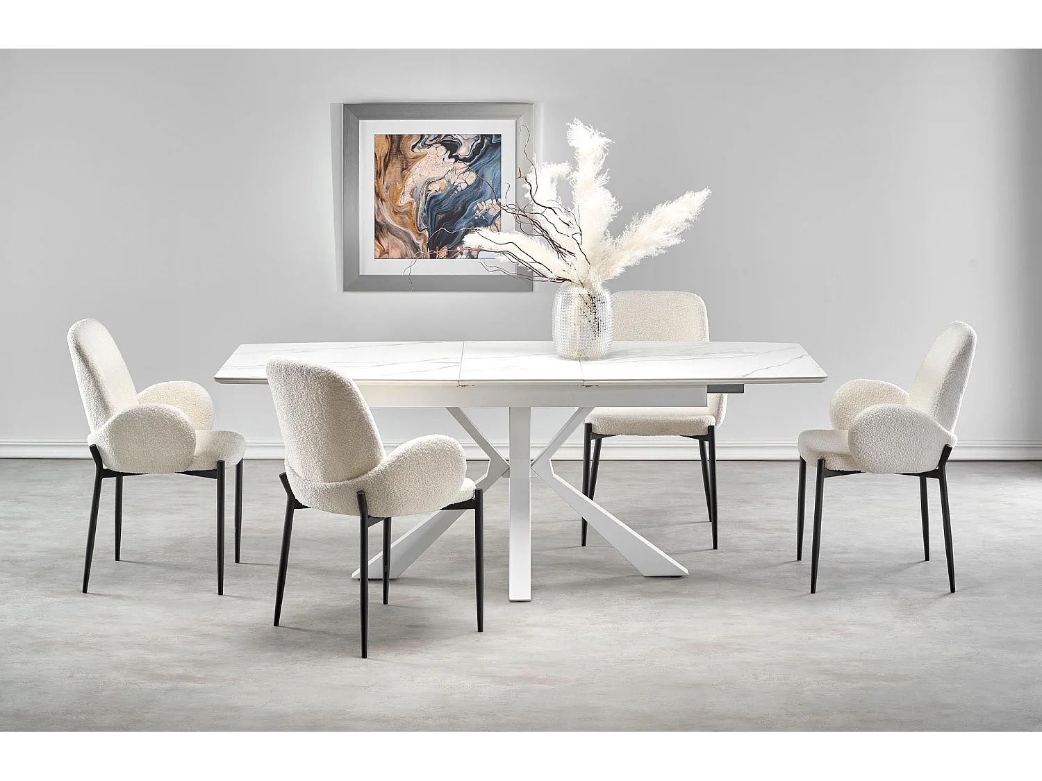 Table extensible pierre marbre blanc pieds acier blanc 160/200×89 cm