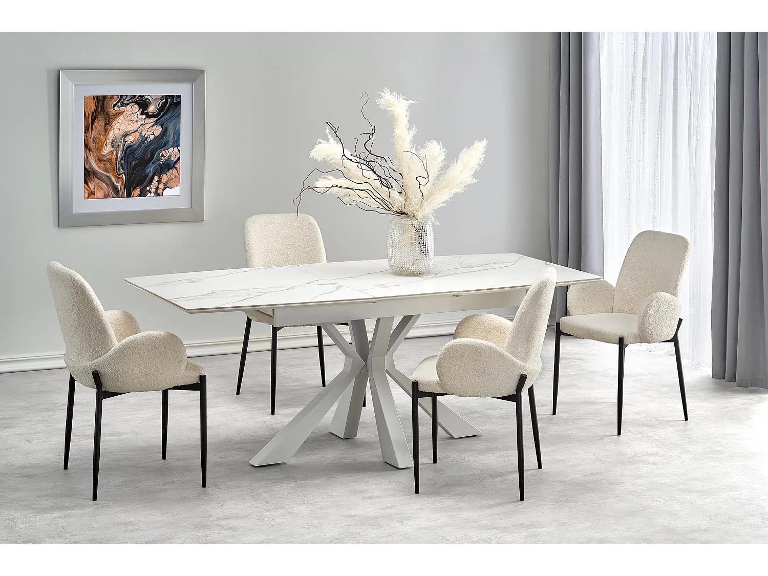 Table extensible pierre marbre blanc pieds acier blanc 160/200×89 cm