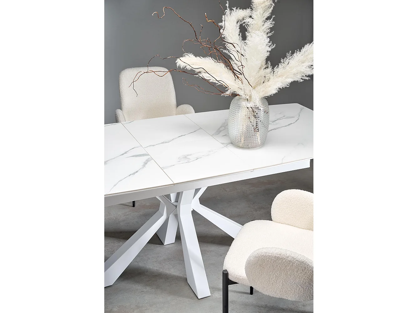 Table extensible pierre marbre blanc pieds acier blanc 160/200×89 cm