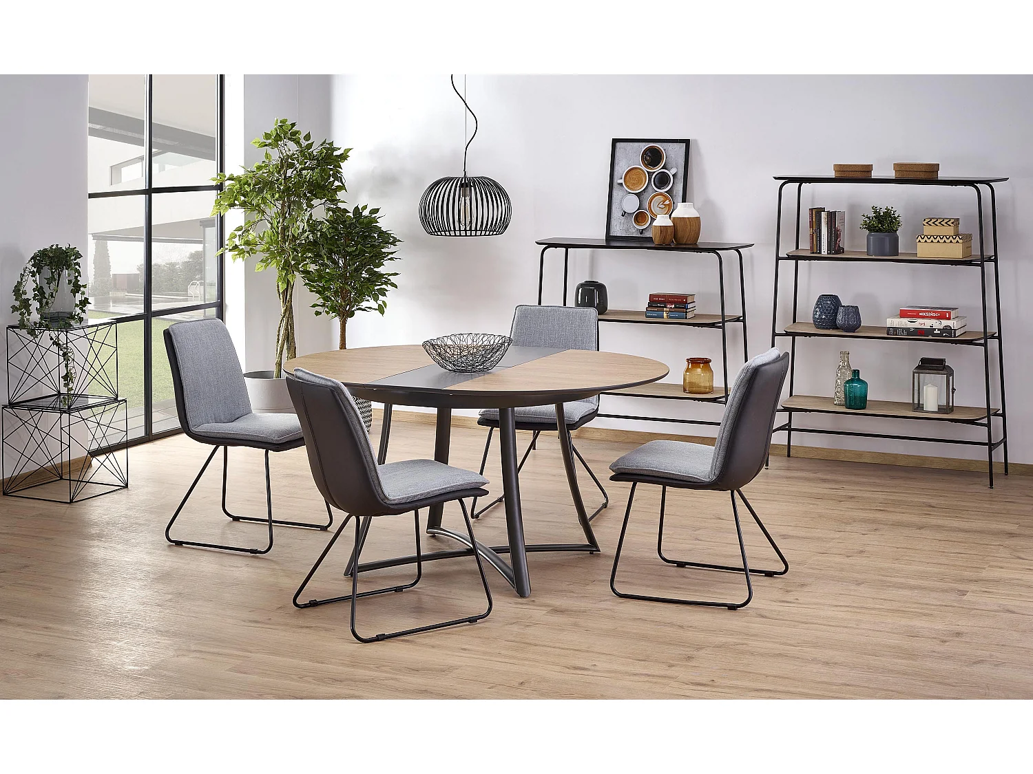 Table ronde extensible chêne pieds acier noir Ø118/148 cm