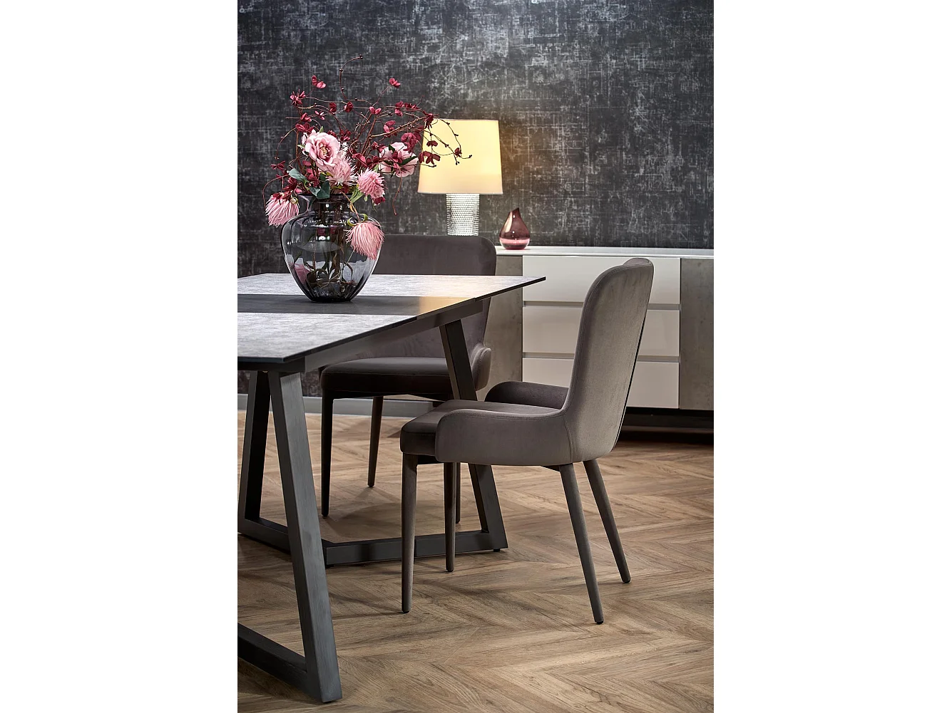 Table extensible verre gris pieds en acier gris foncé 160/210x90 cm