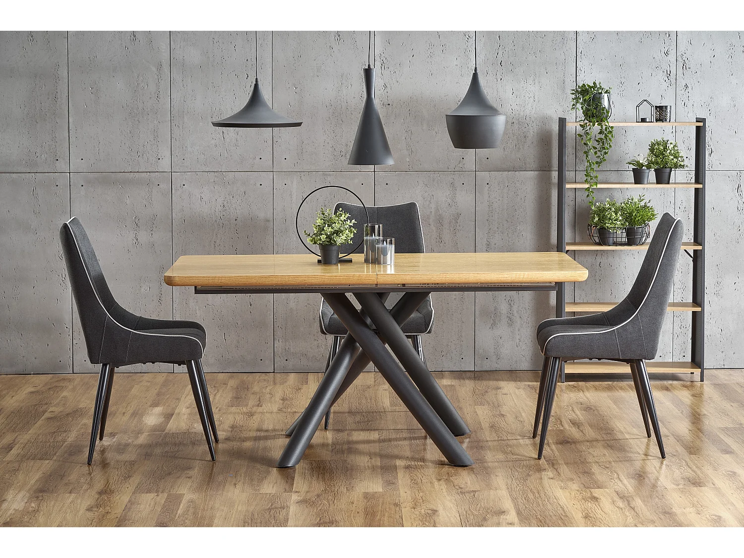 Table extensible placage chêne pieds acier noir 160/200×90 cm