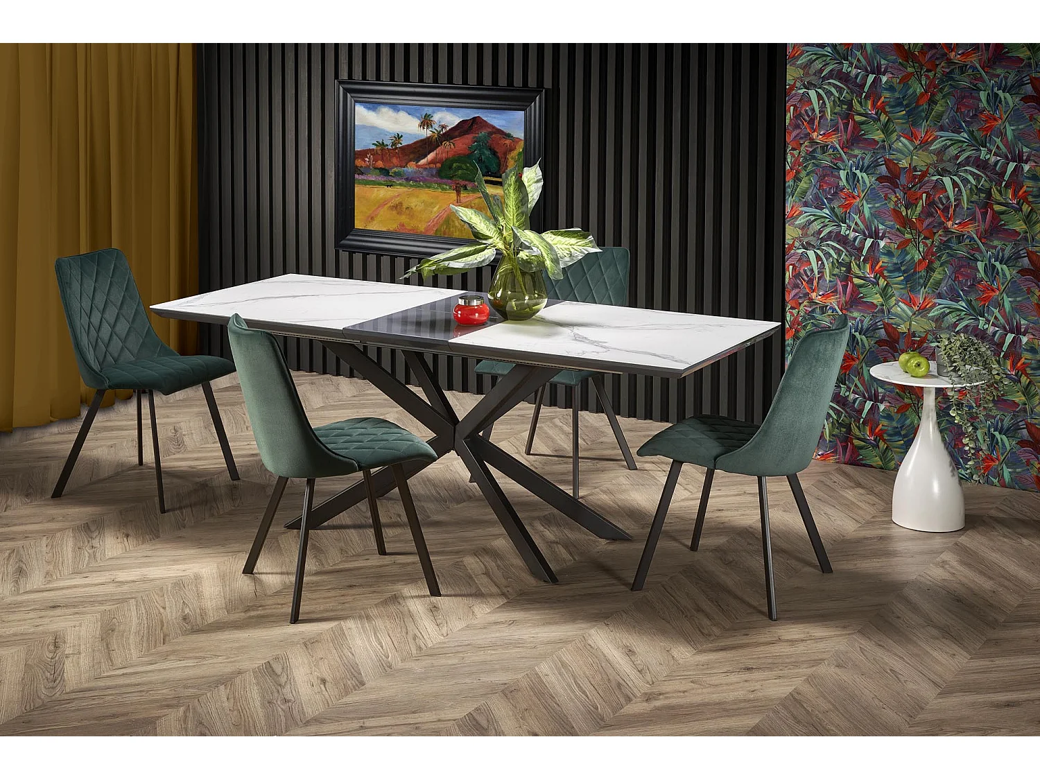 Table extensible céramique marbre, pieds acier noir 160/200×90 cm