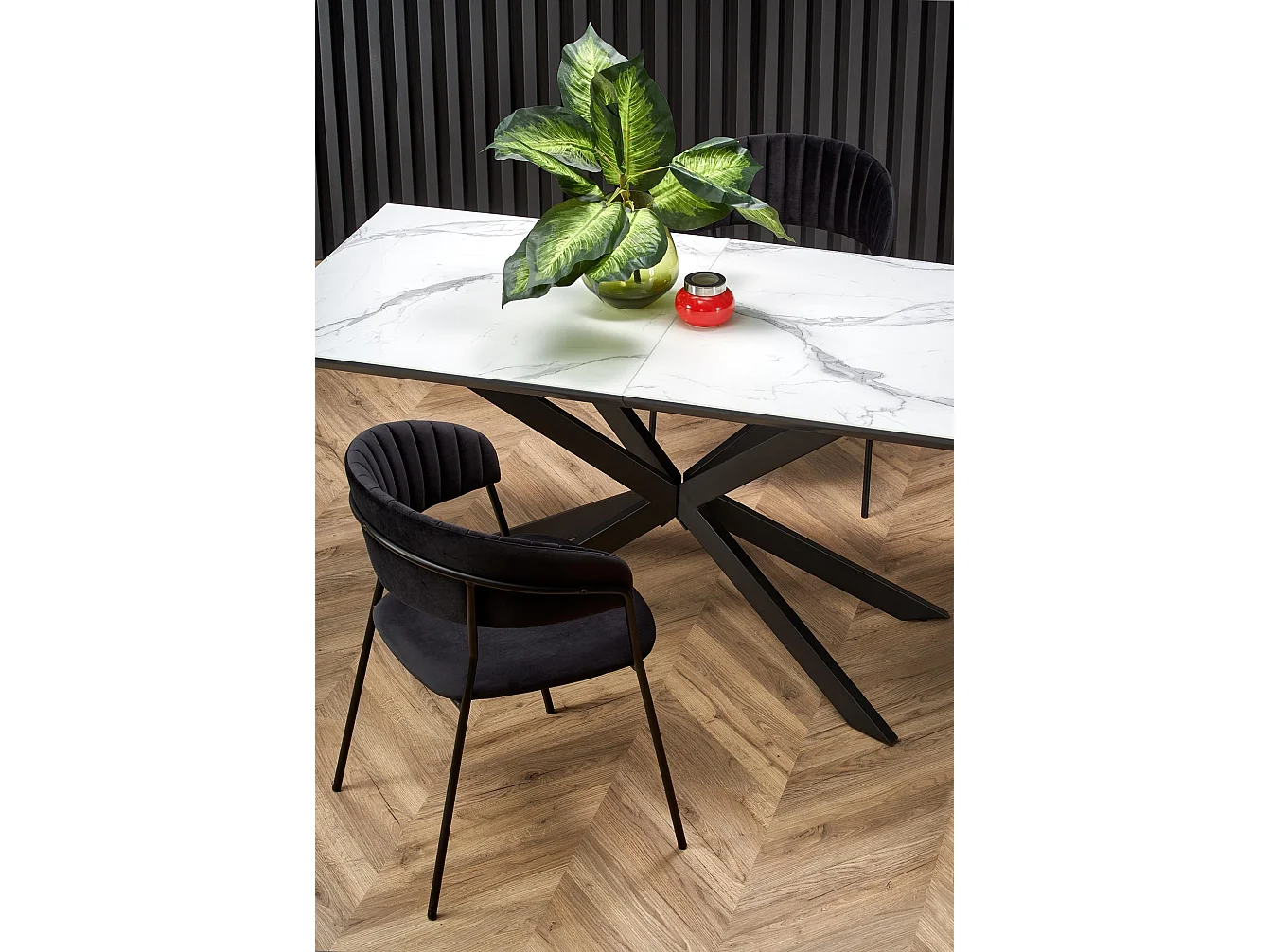 Table extensible céramique marbre, pieds acier noir 160/200×90 cm