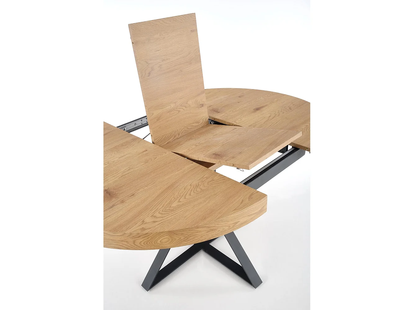 Table ronde extensible MDF laminé chêne pieds acier noir Ø120/160 cm
