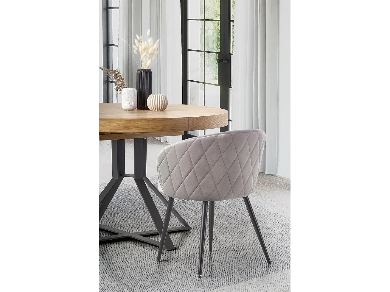 Table ronde extensible MDF laminé chêne pieds acier noir Ø120/160 cm