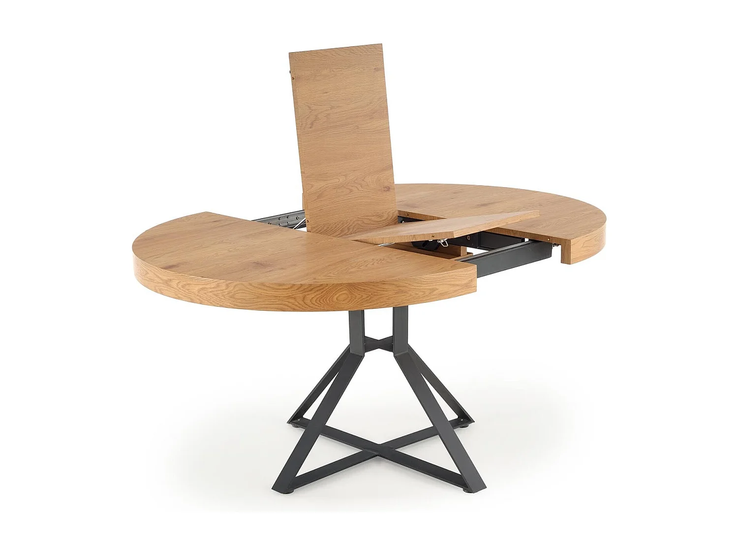 Table ronde extensible MDF laminé chêne pieds acier noir Ø120/160 cm