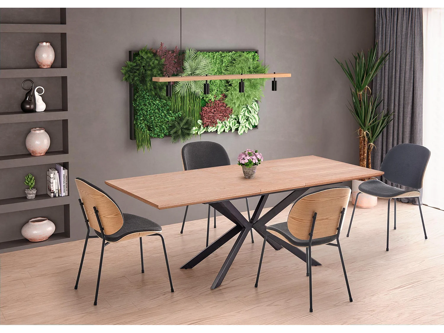 Table extensible placage chêne pieds acier noir 160/200×90 cm