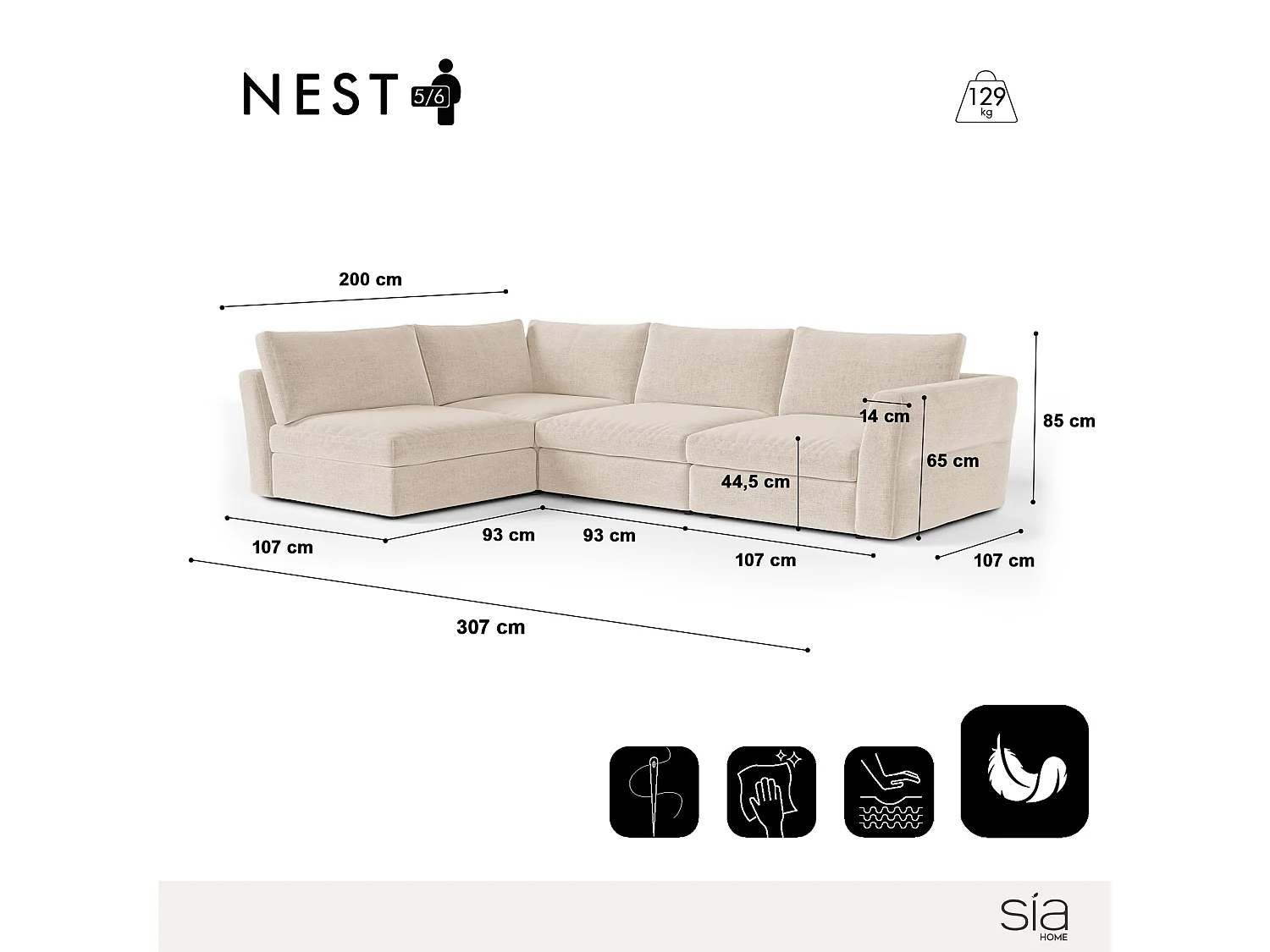 Canapé d'angle gauche modulable 5-6 places tissu tramé doux beige NEST