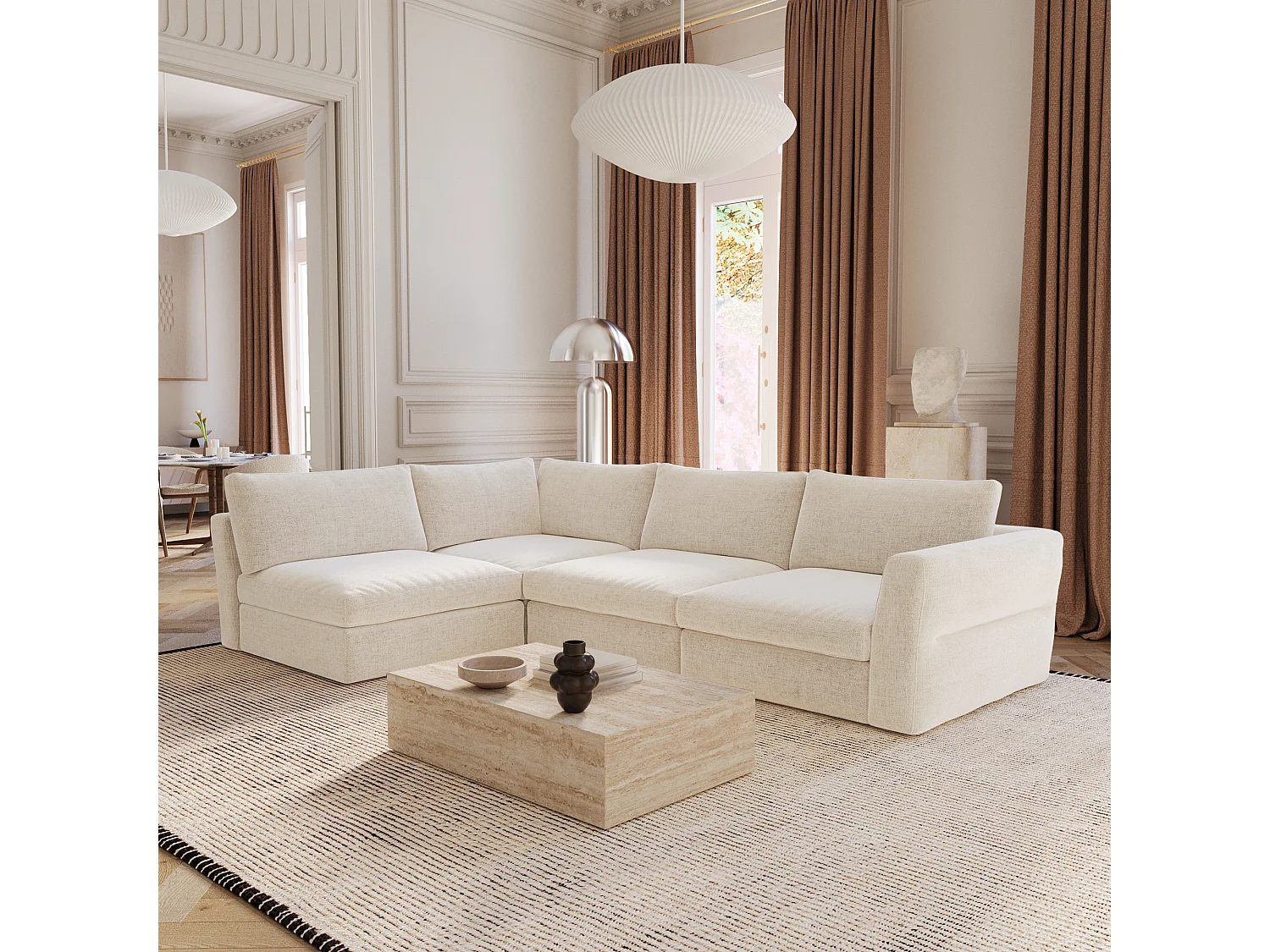 Canapé d'angle gauche modulable 5-6 places tissu tramé doux beige NEST