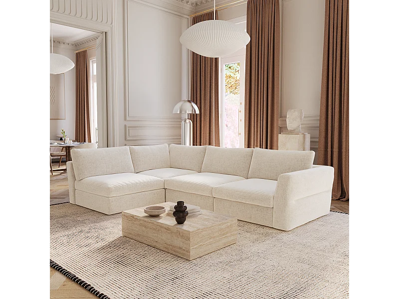 Canapé d'angle gauche modulable 5-6 places tissu tramé doux beige NEST