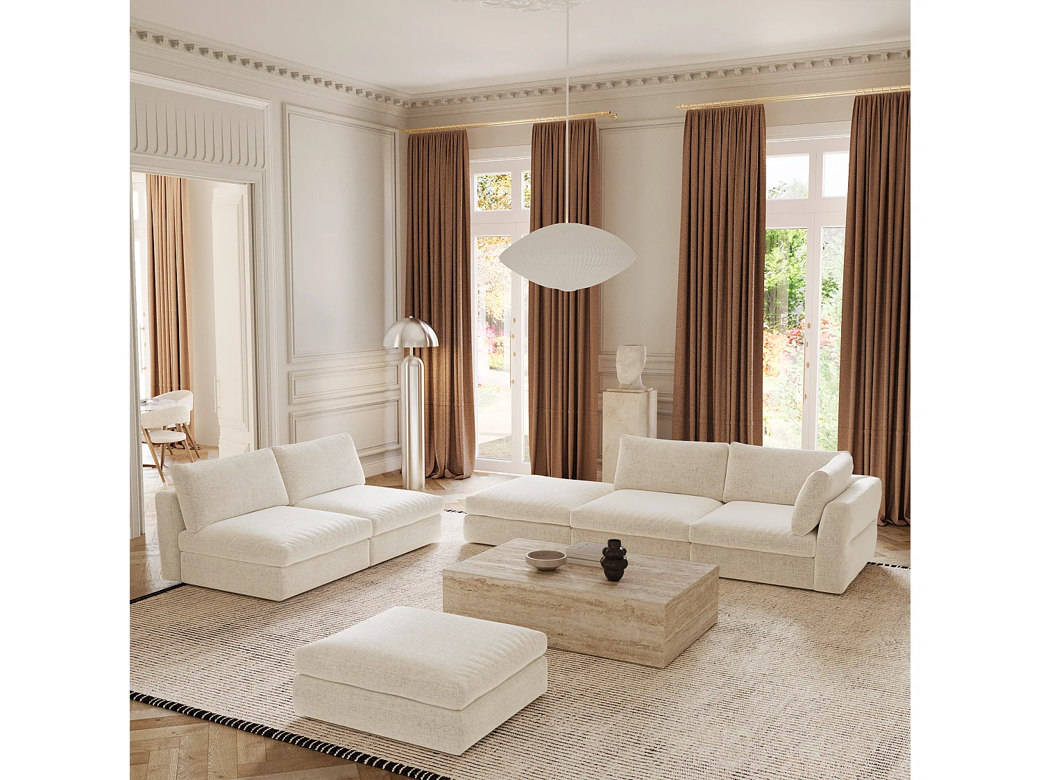 Canapé modulable 4-5 places droit tissu tramé toucher doux beige NEST