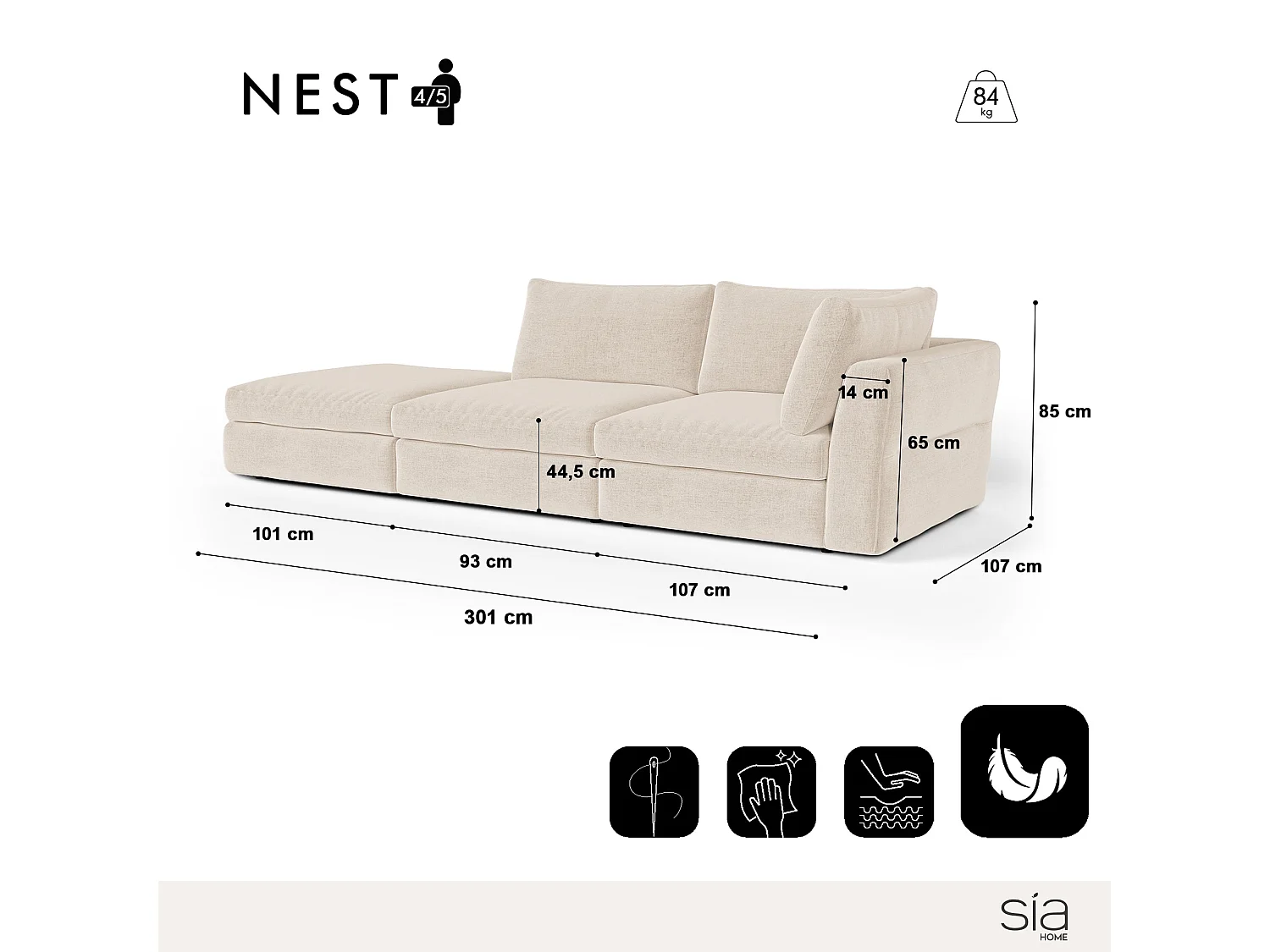 Canapé modulable 4-5 places droit tissu tramé toucher doux beige NEST