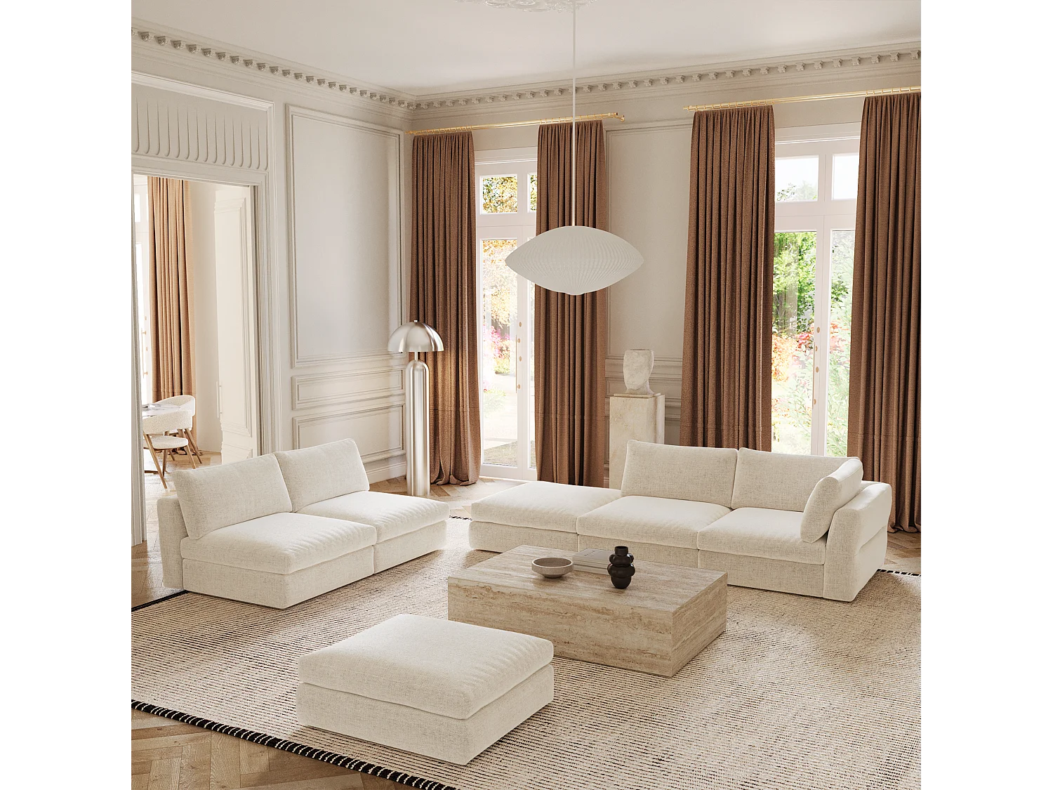 Canapé modulable 4-5 places droit tissu tramé toucher doux beige NEST