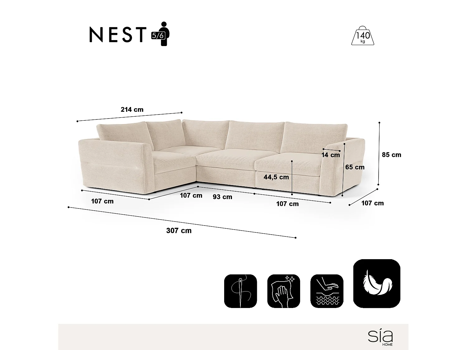 Canapé d'angle gauche modulable 5-6 places tissu tramé doux beige NEST