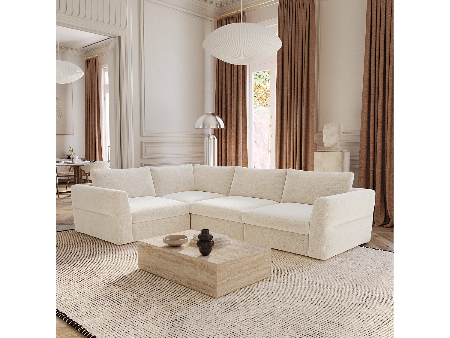 Canapé d'angle gauche modulable 5-6 places tissu tramé doux beige NEST