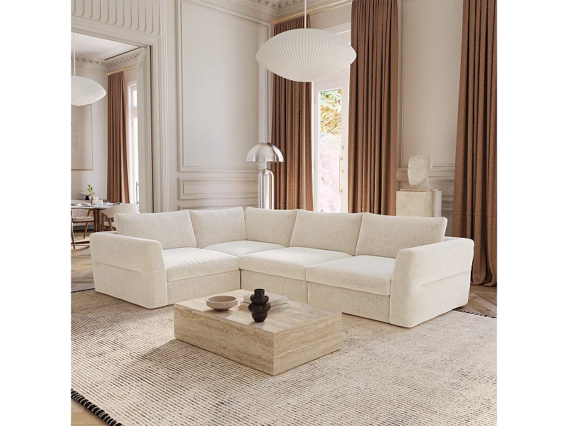 Canapé d'angle gauche modulable 5-6 places tissu tramé doux beige NEST