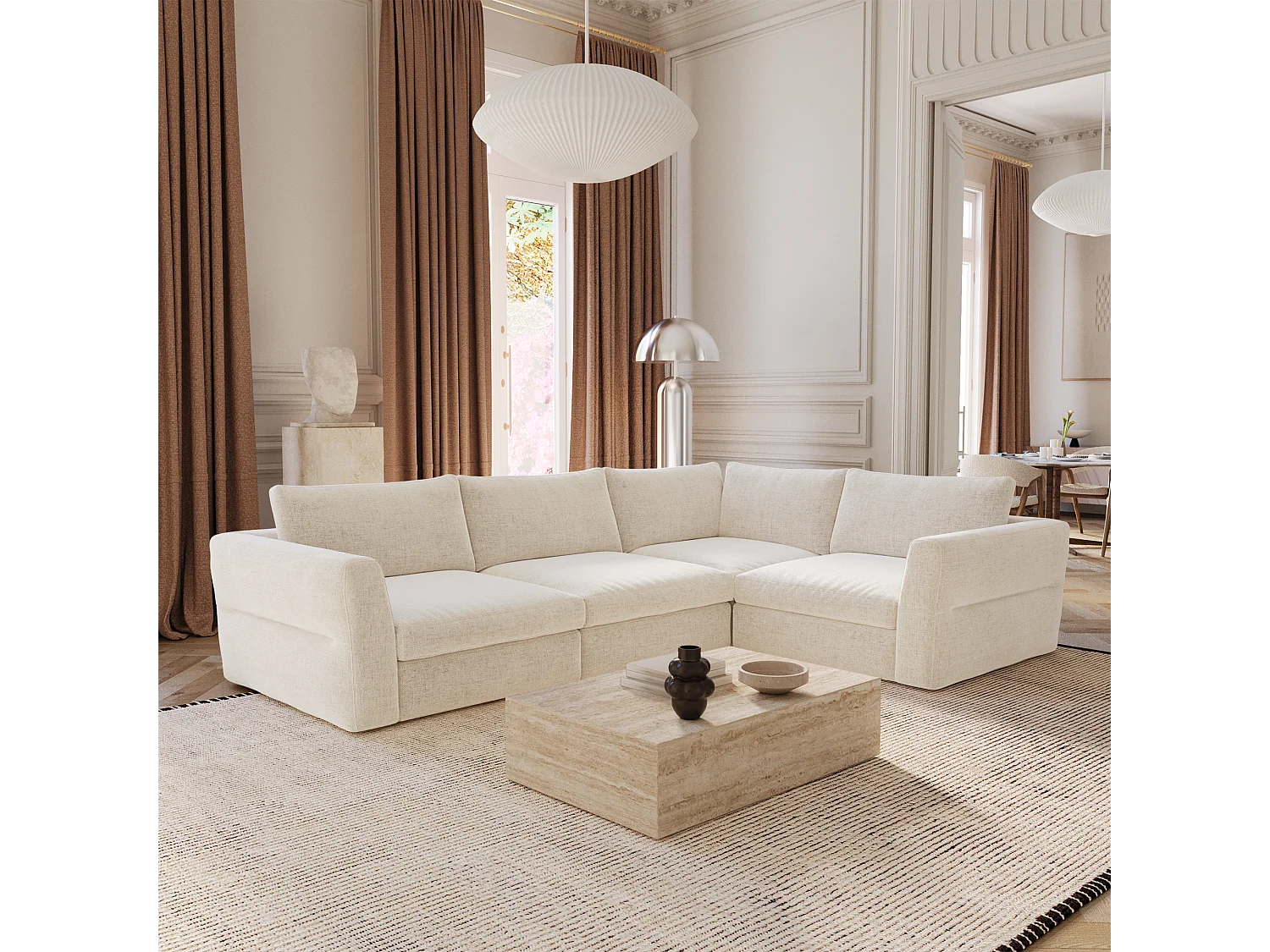 Canapé d'angle droit modulable 5-6 places tissu tramé doux beige NEST