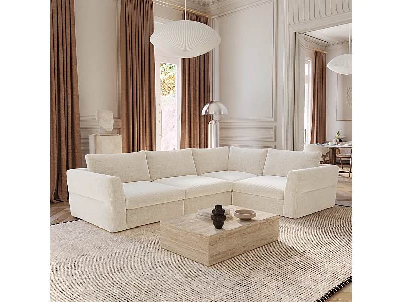 Canapé d'angle droit modulable 5-6 places tissu tramé doux beige NEST