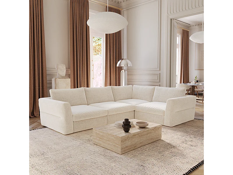 Canapé d'angle droit modulable 5-6 places tissu tramé doux beige NEST