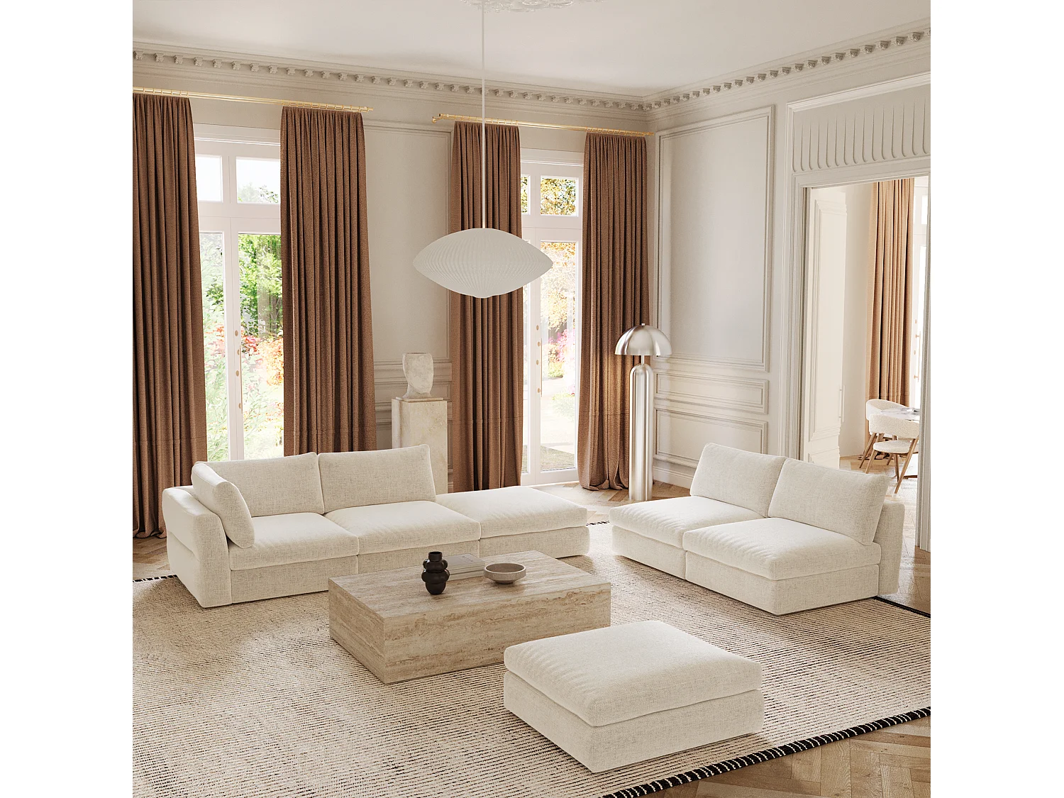 Canapé modulable 4-5 places gauche tissu tramé toucher doux beige NEST