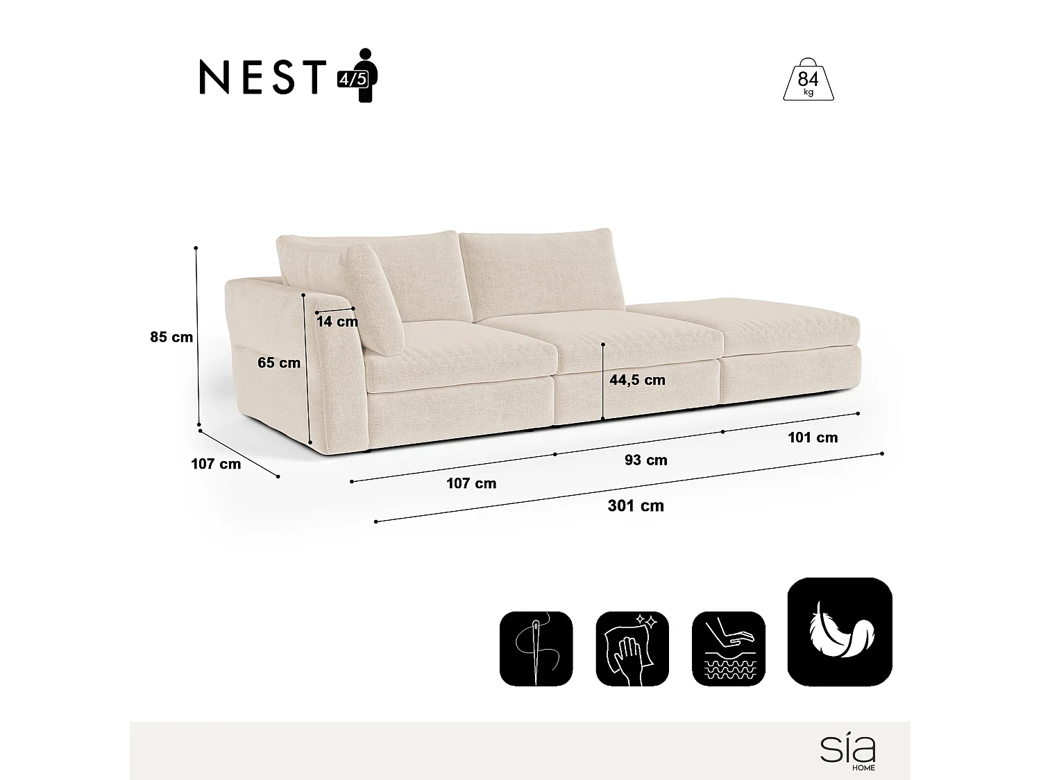 Canapé modulable 4-5 places gauche tissu tramé toucher doux beige NEST