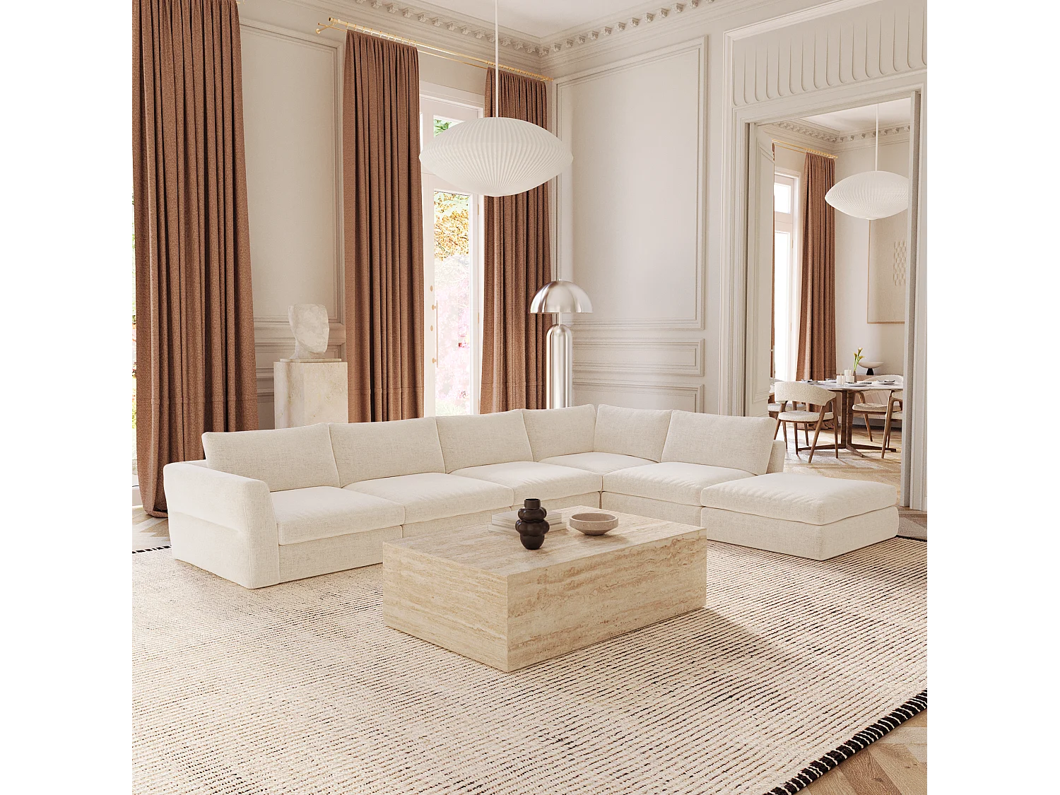 Canapé grand angle modulable 8 places tissu tramé toucher doux beige NEST