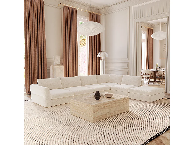 Canapé grand angle modulable 8 places tissu tramé toucher doux beige NEST