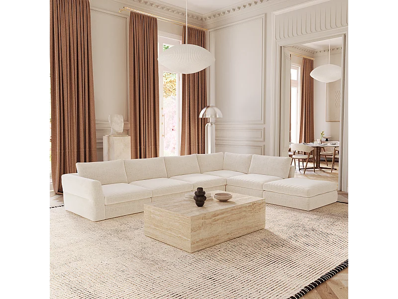 Canapé grand angle modulable 8 places tissu tramé toucher doux beige NEST