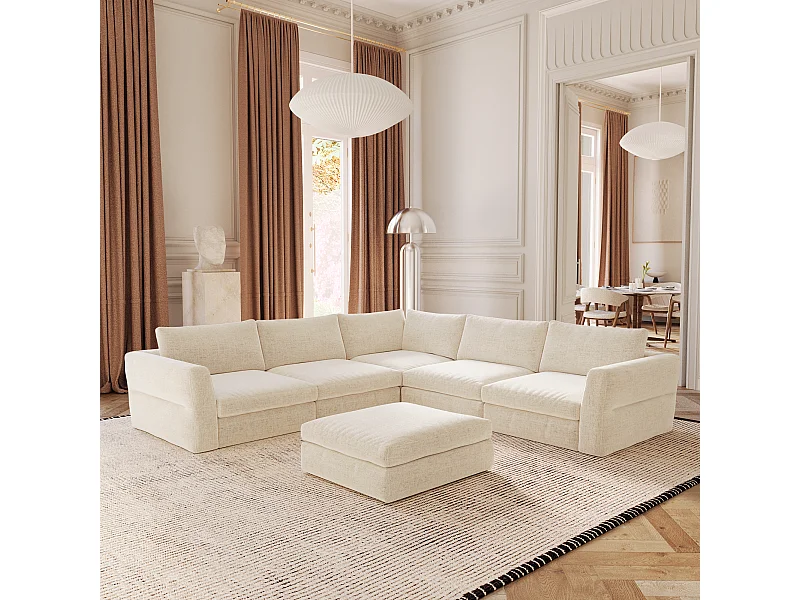 Canapé d'angle panoramique modulable 7-8 places tissu tramé doux beige NEST