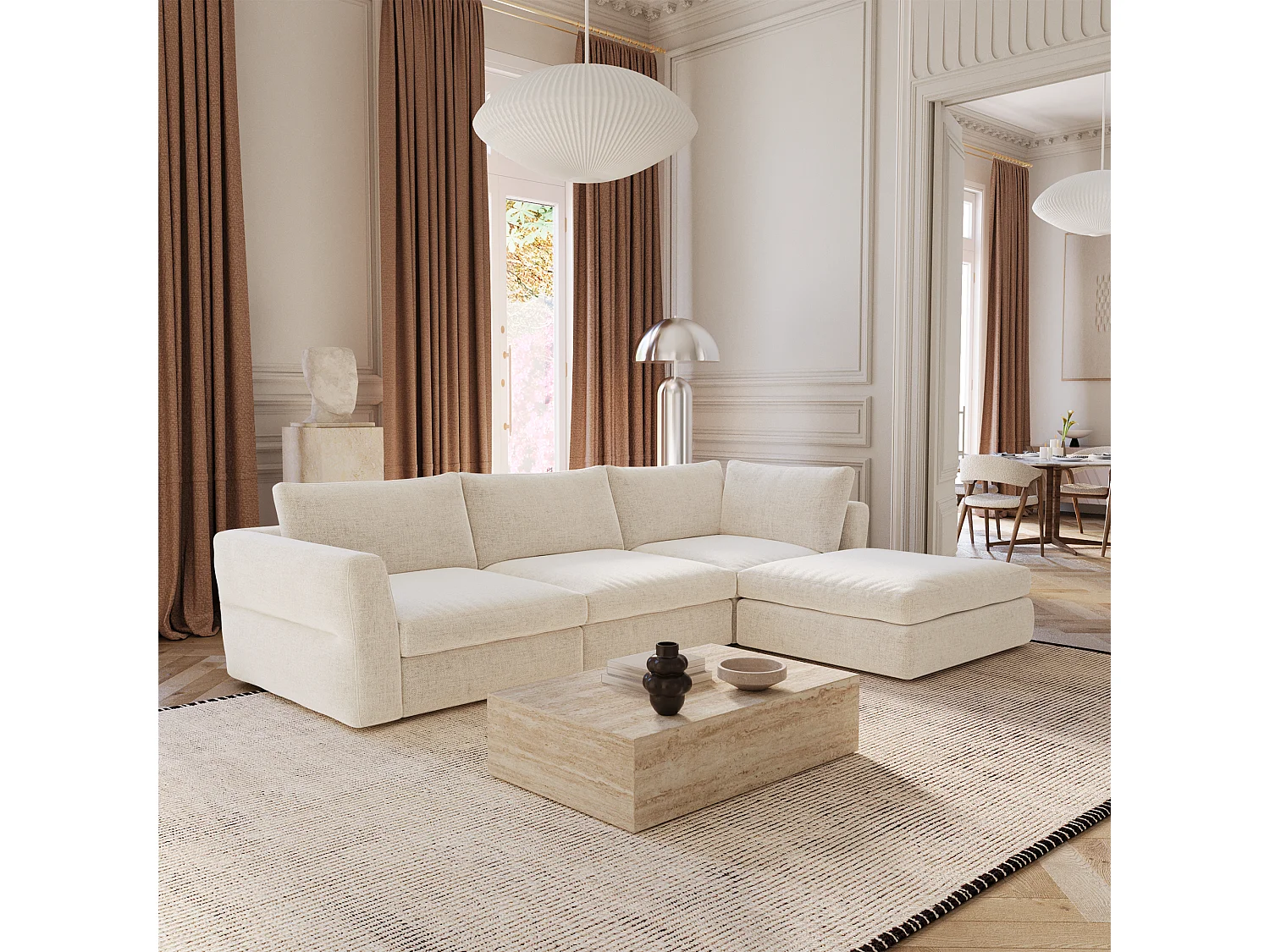 Canapé d'angle modulable 5-6 places tissu tramé toucher doux beige NEST