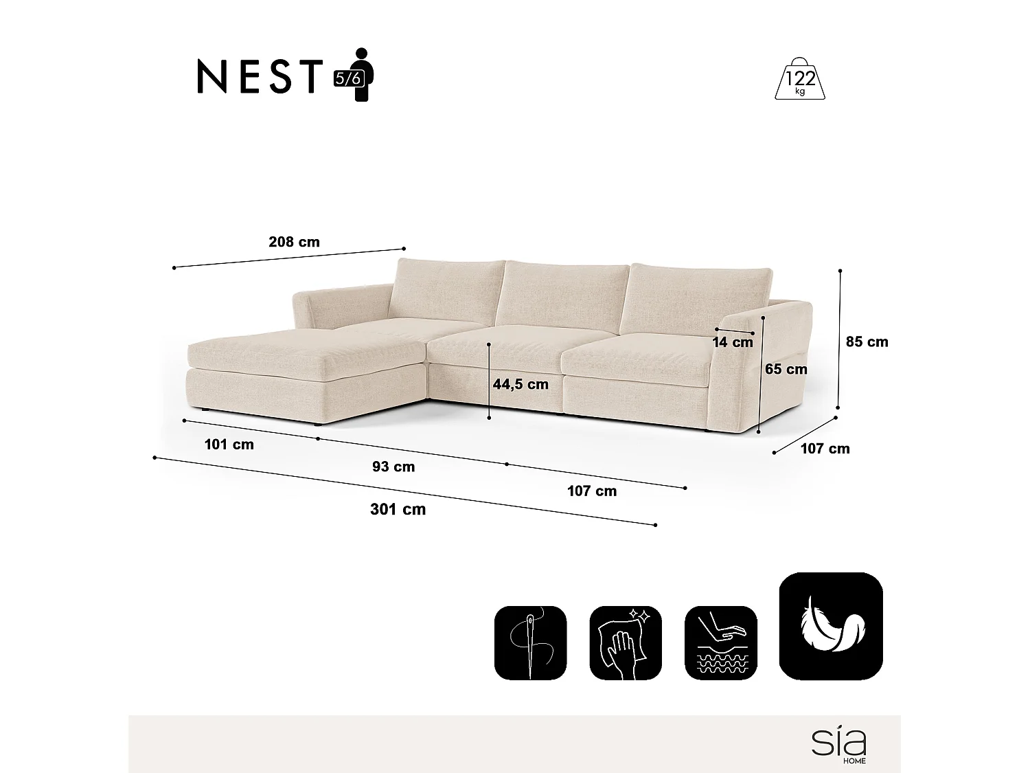 Canapé d'angle modulable 5-6 places tissu tramé toucher doux beige NEST