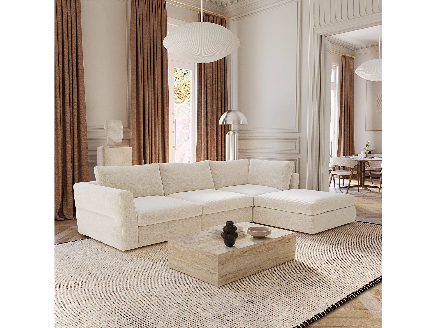 Canapé d'angle modulable 5-6 places tissu tramé toucher doux beige NEST