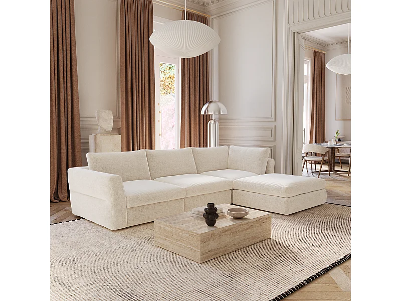Canapé d'angle modulable 5-6 places tissu tramé toucher doux beige NEST