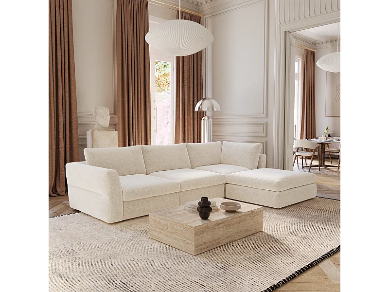 Canapé d'angle modulable 5-6 places tissu tramé toucher doux beige NEST