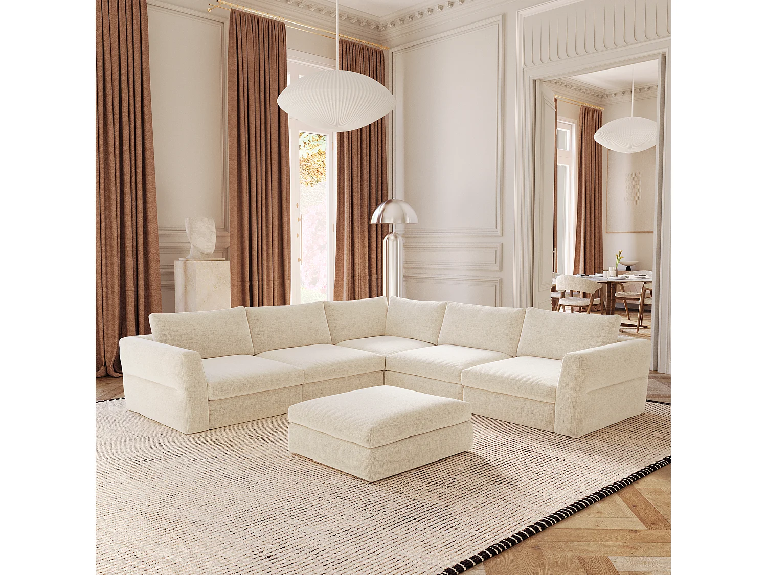 Canapé d'angle panoramique modulable 8 places tissu tramé doux beige NEST