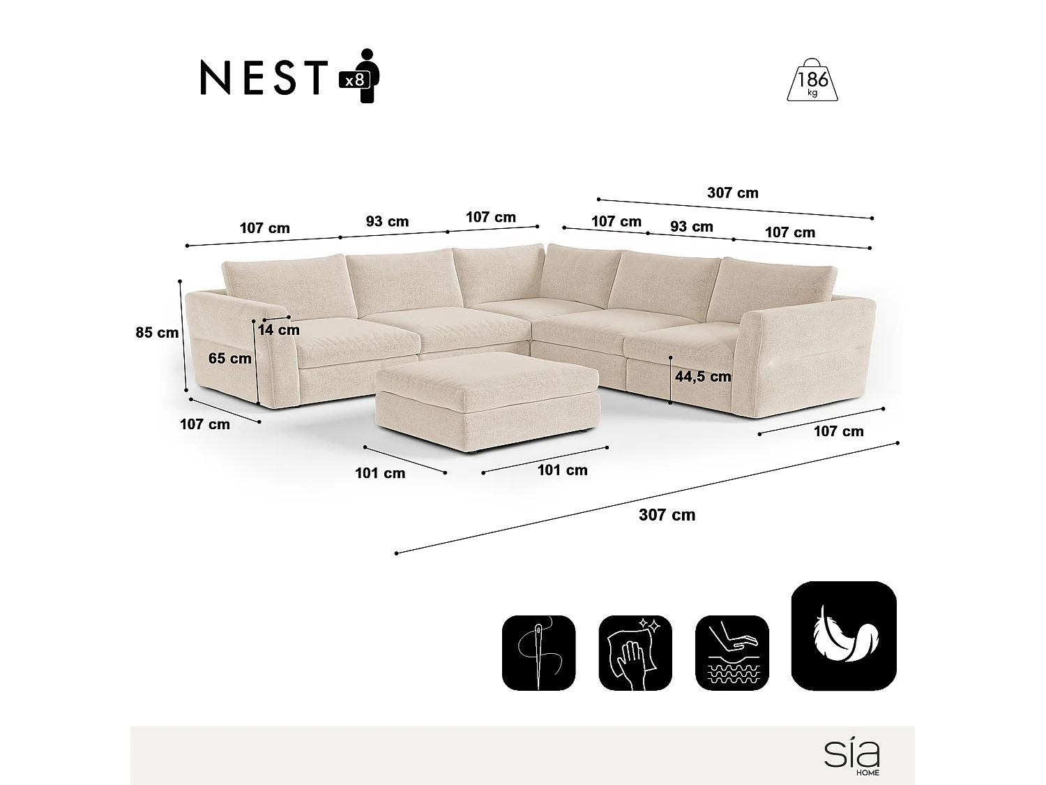 Canapé d'angle panoramique modulable 8 places tissu tramé doux beige NEST