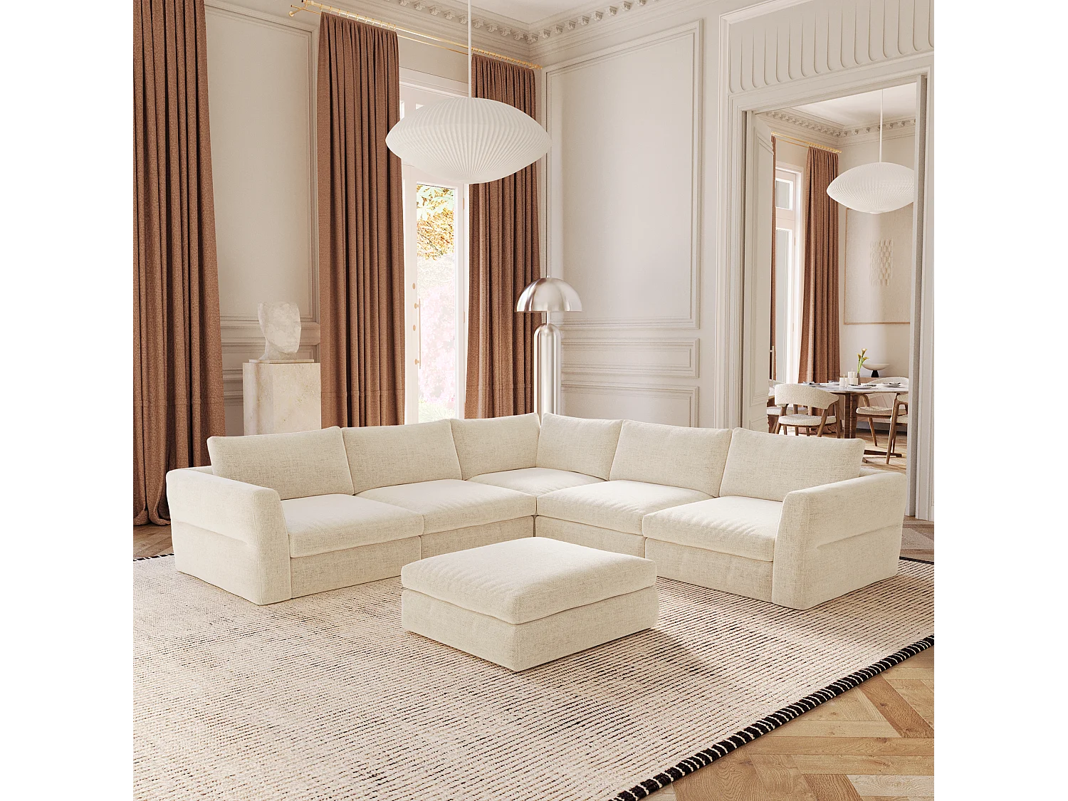 Canapé d'angle panoramique modulable 8 places tissu tramé doux beige NEST