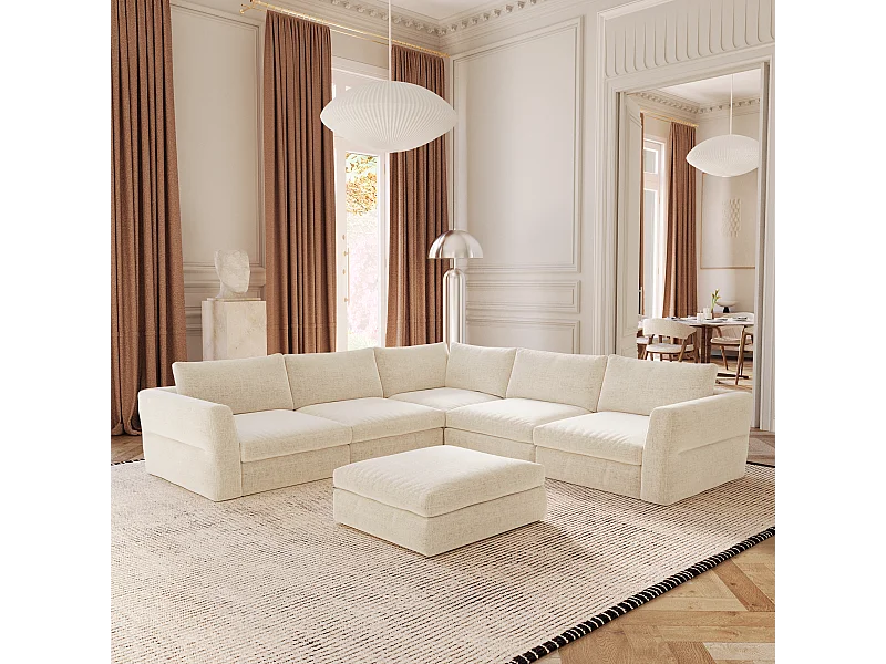 Canapé d'angle panoramique modulable 8 places tissu tramé doux beige NEST