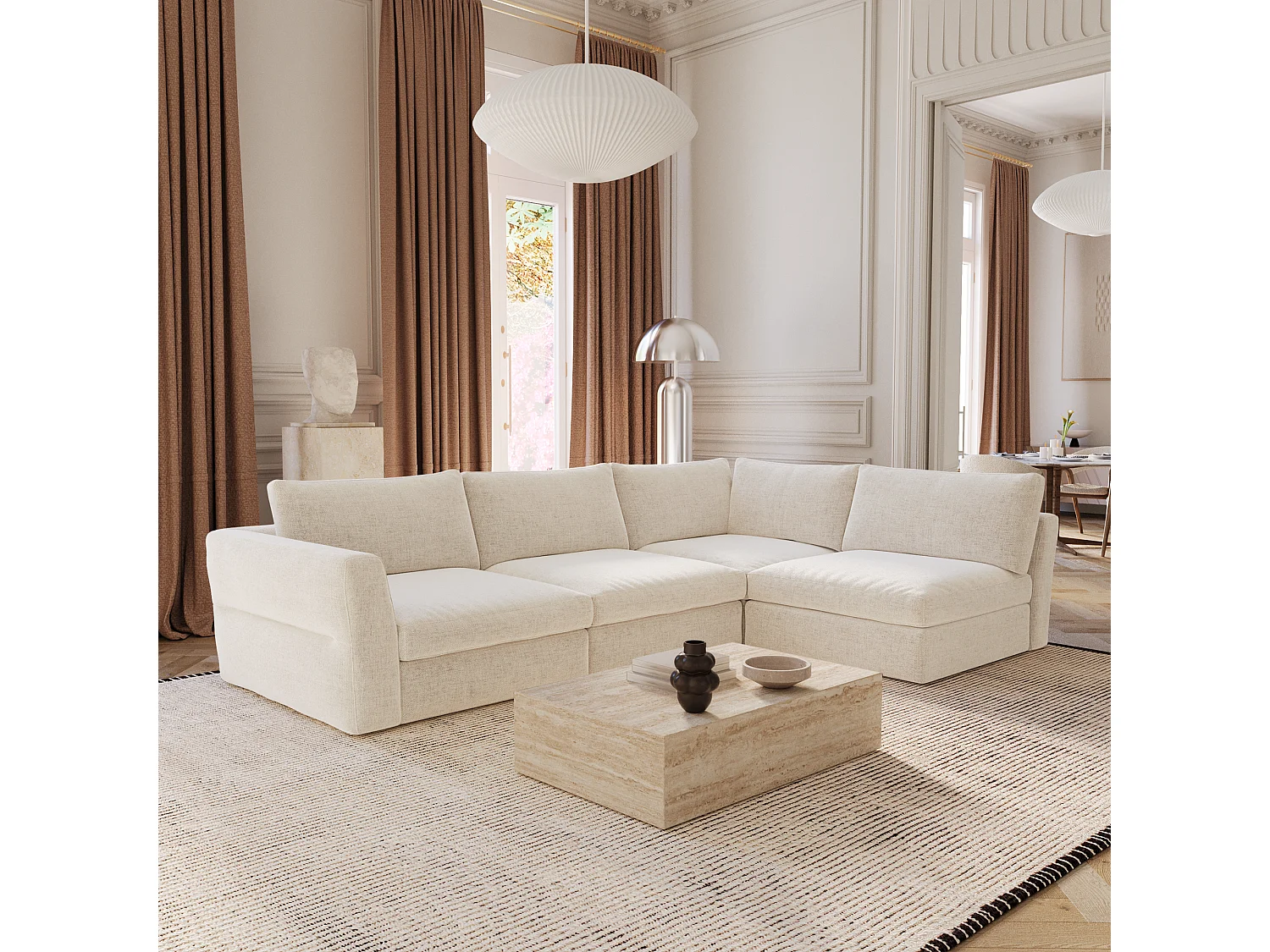 Canapé d'angle droit modulable 5-6 places tissu tramé doux beige NEST