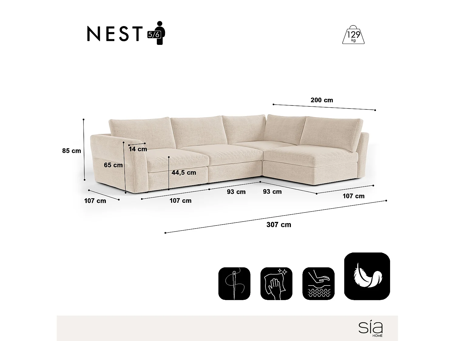 Canapé d'angle droit modulable 5-6 places tissu tramé doux beige NEST