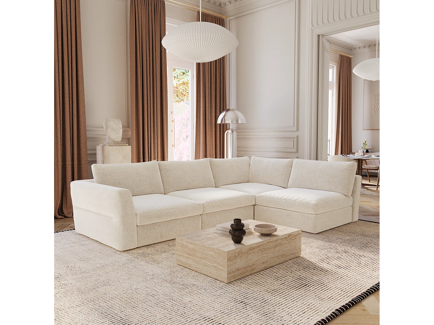 Canapé d'angle droit modulable 5-6 places tissu tramé doux beige NEST