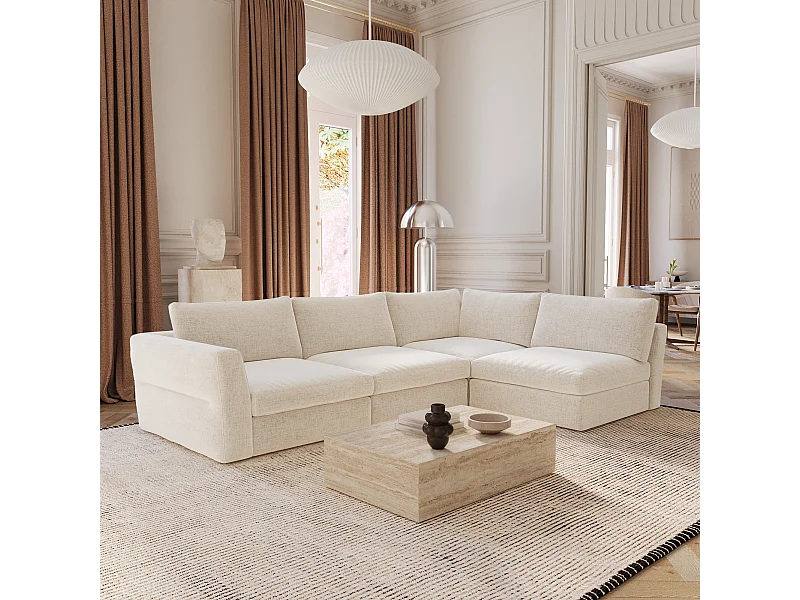 Canapé d'angle droit modulable 5-6 places tissu tramé doux beige NEST