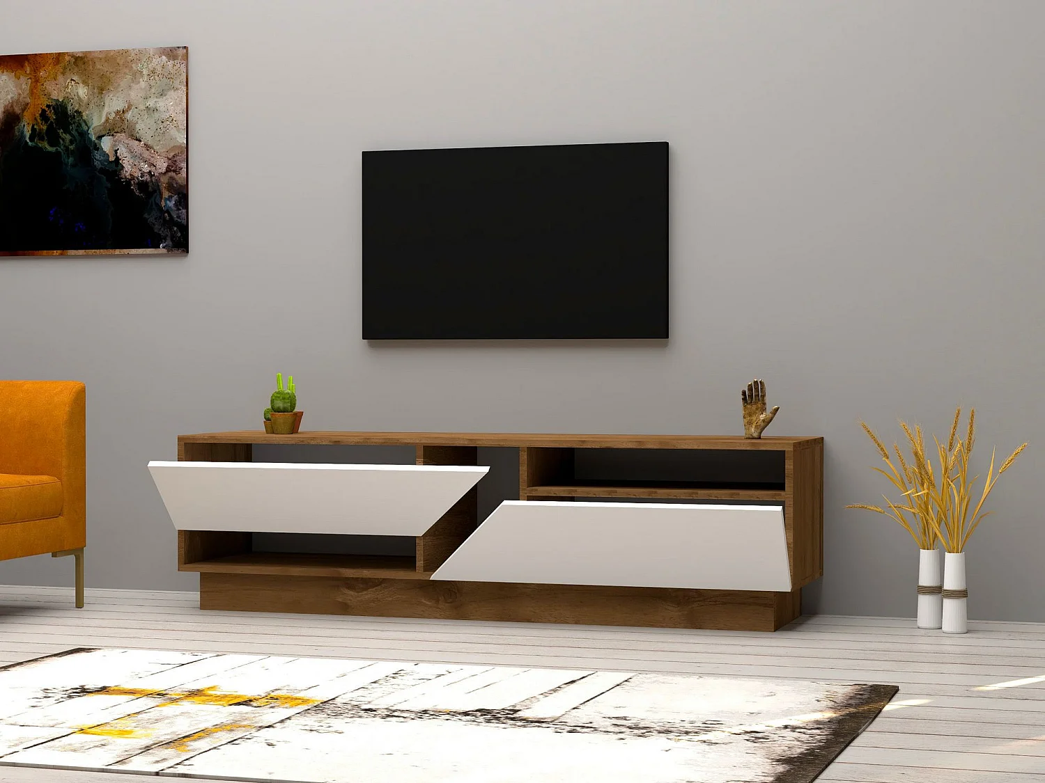 Mesa de tv Kailua 1475, Nogal|Blanco, 160x45x40cm