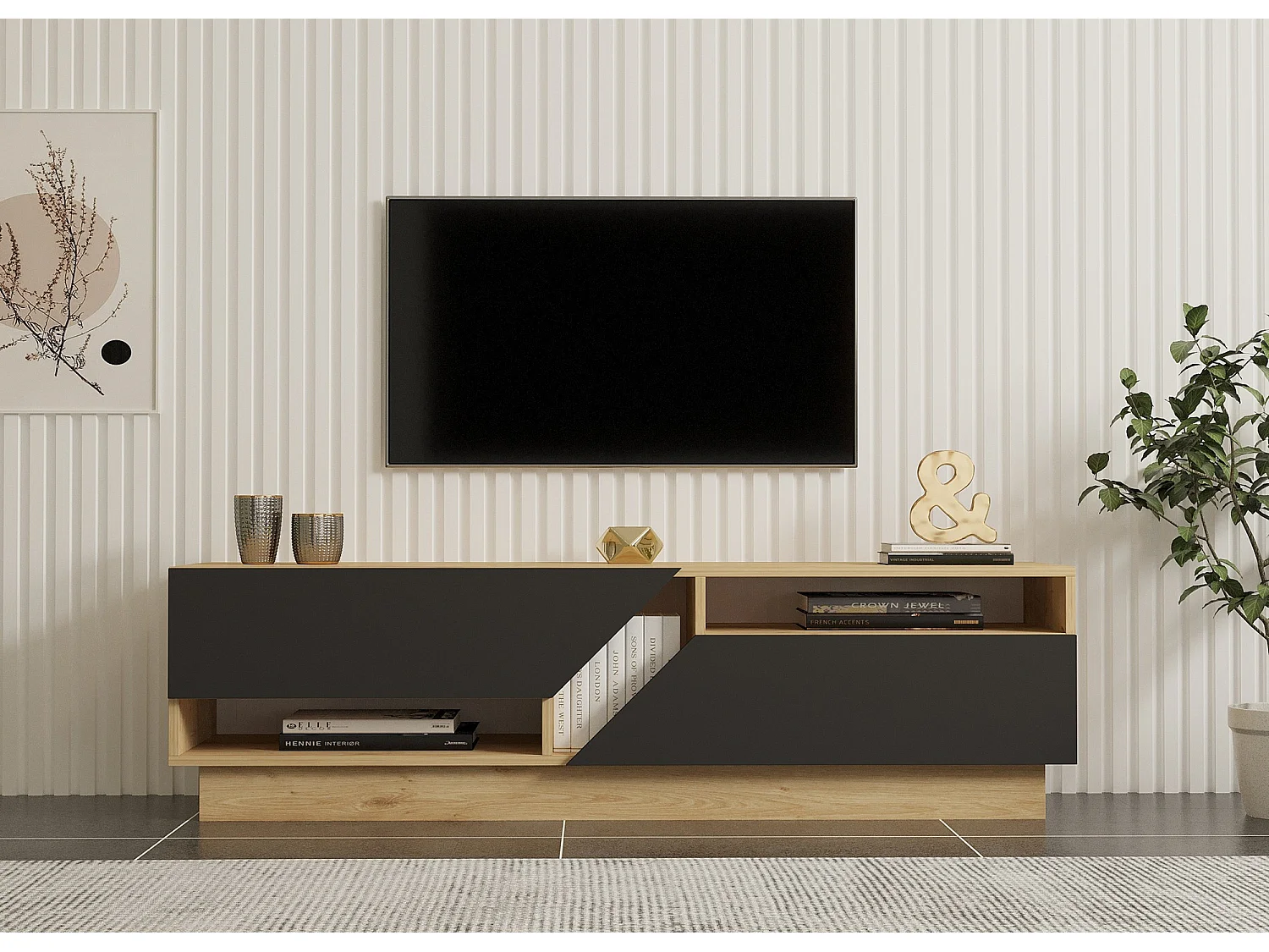 Meuble TV tiroirs trapèze 160cm Magnifikal Chêne clair et Gris