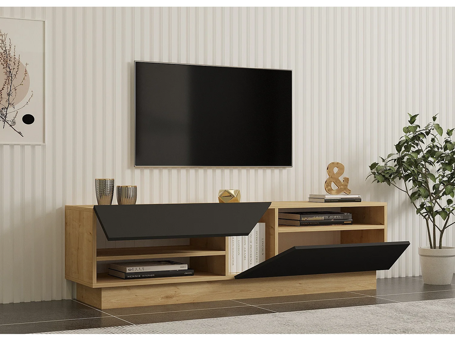 Meuble TV tiroirs trapèze 160cm Magnifikal Chêne clair et Gris